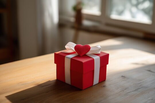Red gift box with heart-shaped topper on sunlit wooden table - Powered by Adobe