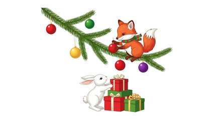 Festive Fox and Bunny: A charming illustration depicts a playful fox adorning a fir branch with festive ornaments while a cute bunny arranges presents.