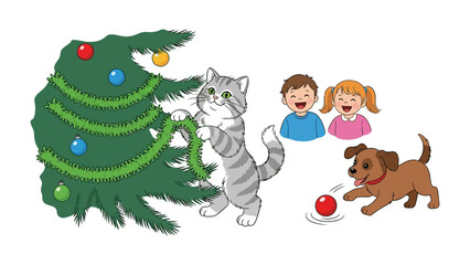 Festive Friends and Holiday Cheer: A heartwarming illustration of a family of three and their pets. A cat is playing and decorating the christmas tree, while the dog plays with the ball.