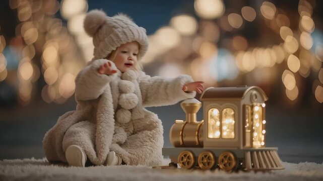 Kid plays with toy train outside
