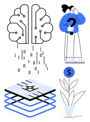 Neural brain with binary code, thoughtful individual holding a question mark, stacked tech layers, and plant with a dollar sign. Ideal for AI, innovation, decision-making, problem-solving