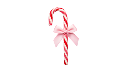 Red and white striped candy cane with pink bow isolated on transparent background