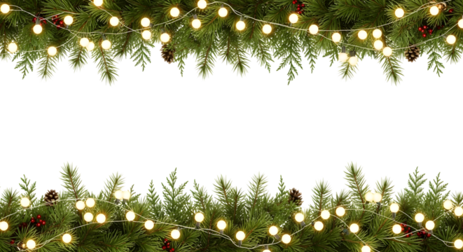 Christmas tree branches with lights isolated on transparent background