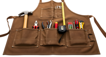 Brown canvas work apron with various tools
