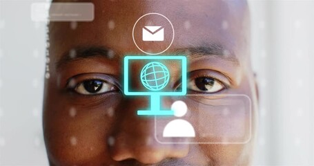 Man opening eyes as holo monitor appears on brow, activating UI, binary stream for tech access - Powered by Adobe