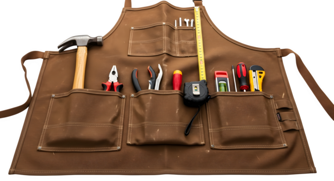 Brown canvas work apron with various tools