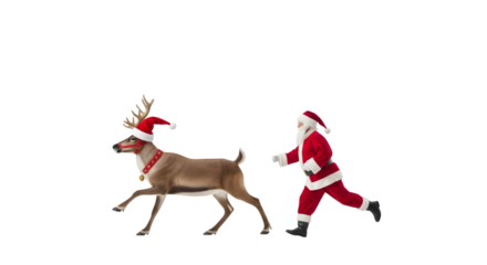 Santa claus running with a reindeer isolated on transparent background