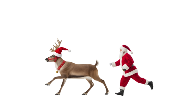 Santa claus running with a reindeer isolated on transparent background