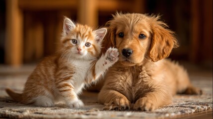 Puppy Protects Kitten With Gentle Paw Gesture in Warm Golden Tones During a Cozy Indoor Moment