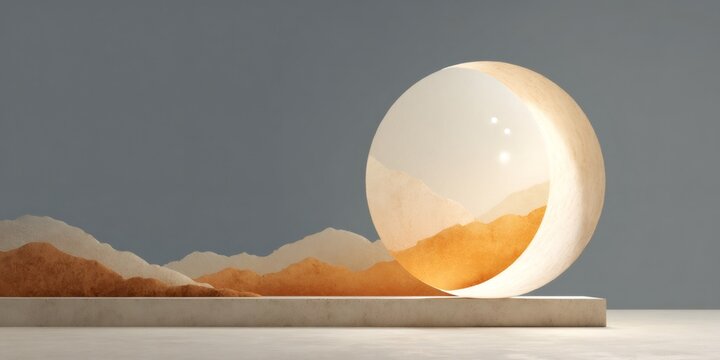 Abstract landscape with sphere and warm light mountains