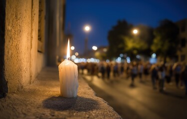 Candle burns brightly on a ledge as people march together in a nighttime vigil for civil rights