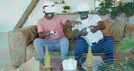 Dad and son starting gaming with VR as turquoise wave appearing, initiating presses, reacting