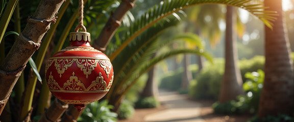 Decorative red Christmas ornament hanging on palm trees in garden  