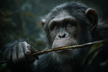 Chimpanzé dans son habitat naturel utilisant un bâton pour 'pêcher' des termites