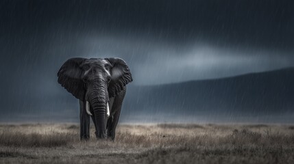 Obraz premium Éléphant solitaire se tenant stoïquement sous une pluie torrentielle dans la savane