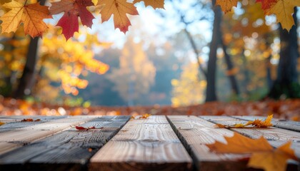 A serene autumn scene featuring colorful leaves on a wooden table with a blurred background