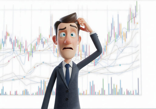 3D cartoon businessman confused by a volatile stock market chart."