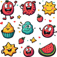 Playful Cartoon Fruit and Dessert Characters on white Background – Cute Vector Set for Kids and Stickers.
