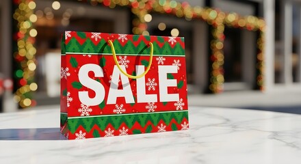 Christmas Sale Shopping Bag with Holiday Lights Background