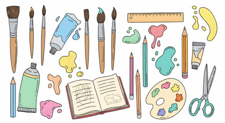 Artistic stationery and craft tool icon set including brushes, paints, notebook, scissors, and creative supplies for hobby and design projects