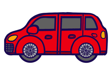 A red car is seen from the side