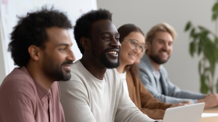 Young adults collaborating in a hybrid work setting, sharing ideas and discussing projects actively