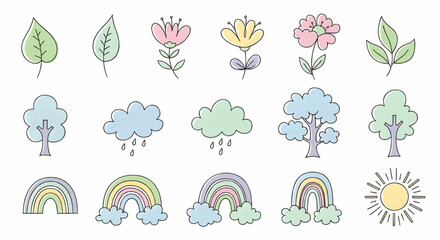 Naklejka premium Soft pastel weather doodle set featuring rainbows, clouds, sun, stars, and nature-inspired children’s illustrations in cute hand-drawn style