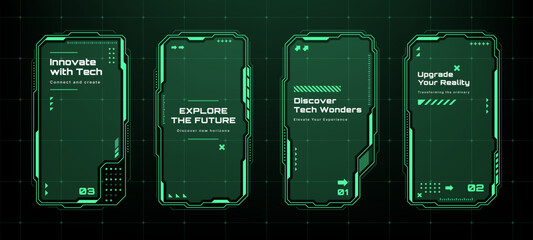 Four green futuristic hud infographic interfaces for digital data presentation and technology innovation concept. © hiten666