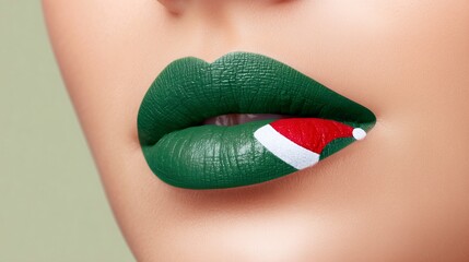 Close-up of glossy green lips with painted red and white Santa hat design on lower lip against soft green background. Concept of creative holiday beauty and festive makeup