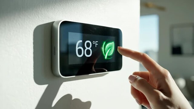 A person adjusts a smart thermostat to save energy. A hand lowers the temperature to activate the green eco mode for sustainability. Vertical video