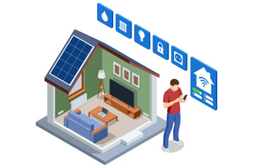 Isometric illustration of a smart home with solar panels, modern living room, and man controlling systems via smartphone. Concept of energy efficiency, automation, and sustainable technology.