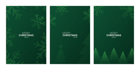 Merry Christmas 2026 vertical banner set with green glitter snowflake and tree design. Festive vector template for greeting card.