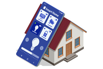 Isometric illustration of a smart home with solar panels, modern living room, and man controlling systems via smartphone. Concept of energy efficiency, automation, and sustainable technology.