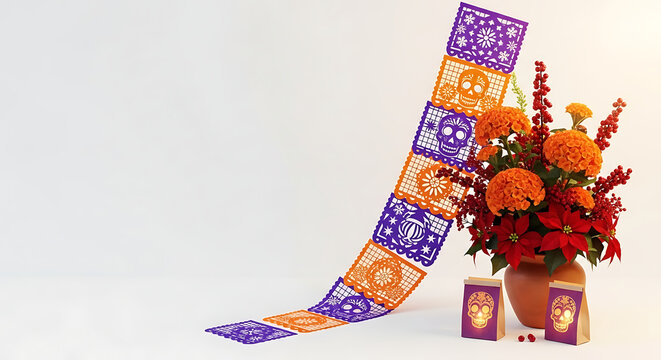 Vibrant Day of the Dead scene: colorful papel picado banners with skulls, marigolds, poinsettias, and luminaria bags. Rich purple, orange, red tones on neutral background. Festive cultural celebration