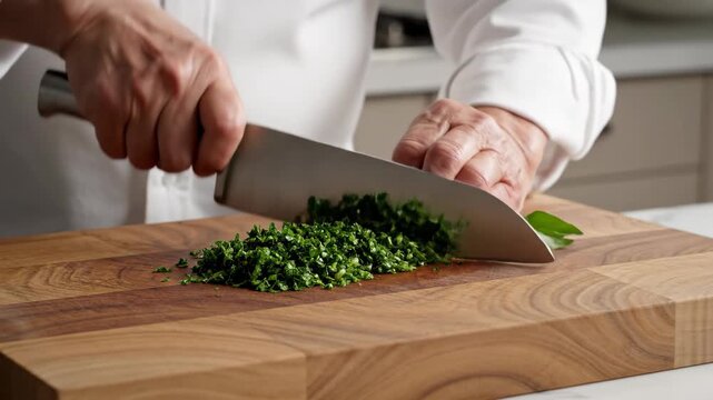 A professional chef chopping fresh green herbs on a wooden cutting board. Close-up of hands mincing basil with a knife. Culinary food preparation concept