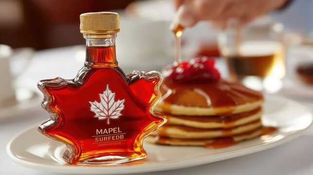 Pouring maple syrup over fluffy pancakes garnished with strawberries in a cozy, inviting atmosphere