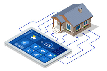 Smart Home Tablet Interface Isometric illustration of a smart home connected to tablet interface for temperature, lighting, and security control. Concept of IoT, automation, and energy management.