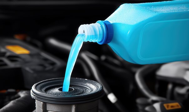 A mechanic is adding blue washer fluid to the reservoir in a car engine during routine maintenance