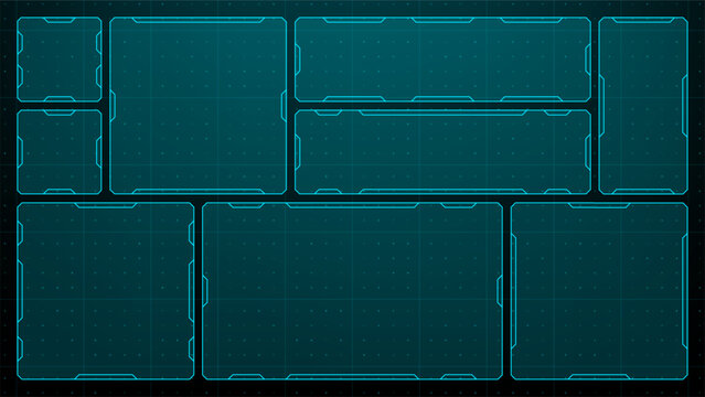 Abstract digital display with multiple rectangular elements for data visualization. Hud vector graphics template for futuristic interface design.