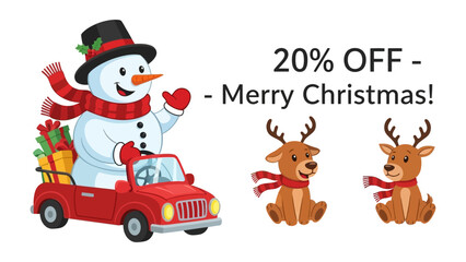 Holiday cheer banner: Joyful snowman and reindeer celebrate the festive season with a message of merry christmas and holiday discount.