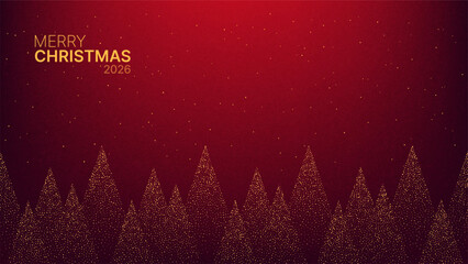 Merry Christmas 2026 text with abstract golden particle trees on a red background. Holiday season greeting design for card, banner, or winter celebration. © hiten666