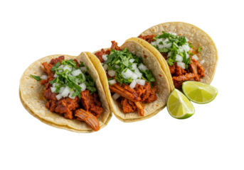 Close-up, top-down of three Mexican al pastor street tacos with seared pork, cilantro, and onions on warm corn tortillas, lime wedges on a white plate, minimalist background. Authentic culinary
