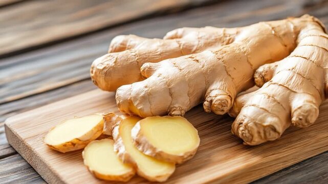 Fresh organic ginger root and slices on rustic wooden table aromatic culinary spice ingredient