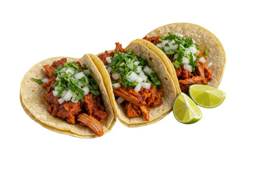 Close-up, top-down of three Mexican al pastor street tacos with seared pork, cilantro, and onions on warm corn tortillas, lime wedges on a white plate, minimalist background. Authentic culinary