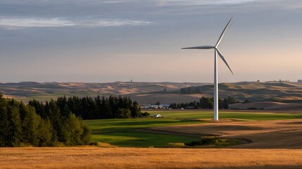 A solitary wind turbine stands tall in a rural landscape of rolling hills and golden farmland at sunset