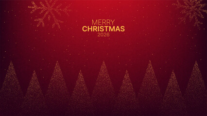 Red background with Merry Christmas 2026 text, golden glitter trees and snowflake for holiday greeting card or banner