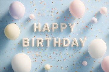 Abstract flat lay of balloons, confetti, and small decorative elements forming subtle "Happy Birthday" text, bright pastel tones, soft shadows, clean commercial composition. High quality photo