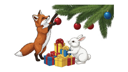 Festive Companions: A charming fox and a gentle bunny are depicted, adorning a Christmas tree, with gifts placed in front of them, creating a scene of Christmas spirit and animal friendship.