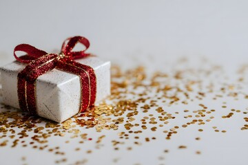 Clean white background with small wrapped gift, red ribbon, golden confetti, copy space for design, soft even lighting. High quality photo