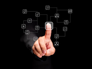 Obraz premium A business professional interacts with digital technology by touching a touchscreen, surrounded by interconnected data symbols.